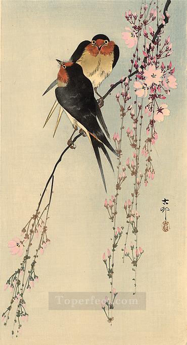 two barn swallows on blossoming cherry Ohara Koson Shin hanga Oil Paintings